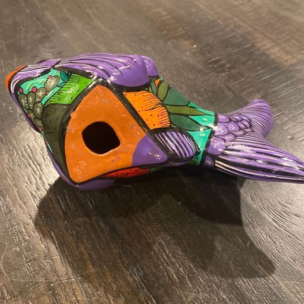 Fish Mexican Hand Painted Terracotta Pottery Purple Green Coastal Beach Decor - Picture 7 of 7